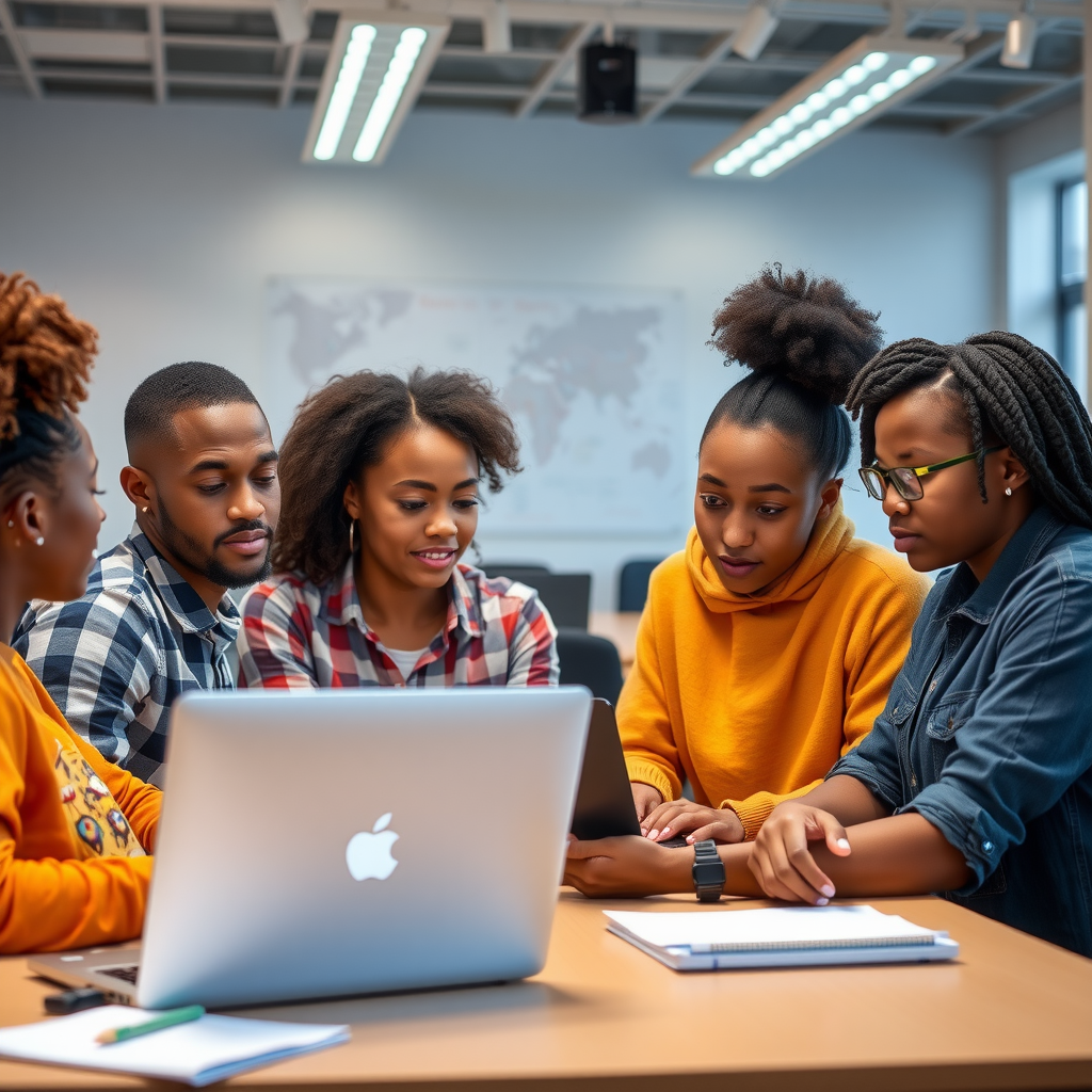 Diverse group of students collaborating in a modern classroom environment with laptops and educational technology, representing the future of STEM education in underserved communities