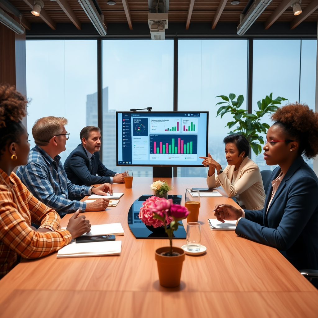 Modern philanthropic strategy meeting with diverse group of donors and foundation leaders reviewing impact investment portfolios and collaborative funding models on digital displays, professional conference room setting with natural lighting