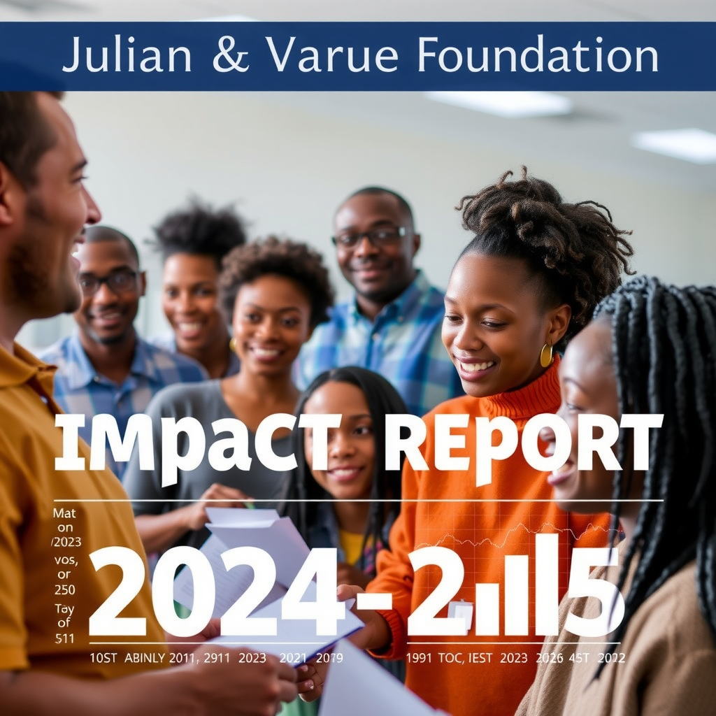 Julian & Varue Foundation 2024-2025 Impact Report cover showing diverse community members benefiting from foundation programs, with graphs and statistics overlay