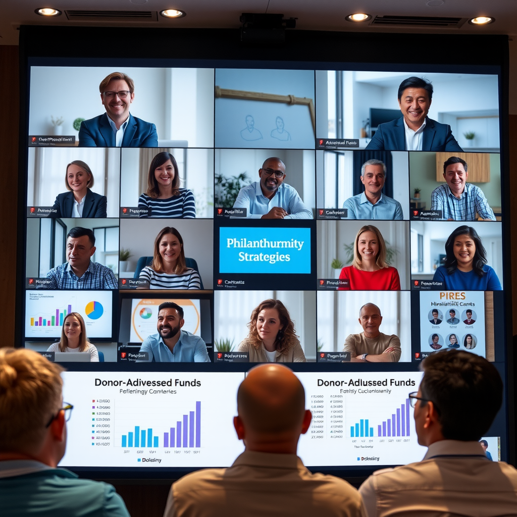Virtual summit event showing multiple participants in video conference grid discussing philanthropy strategies, with presentation slides visible showing donor-advised funds charts and graphs