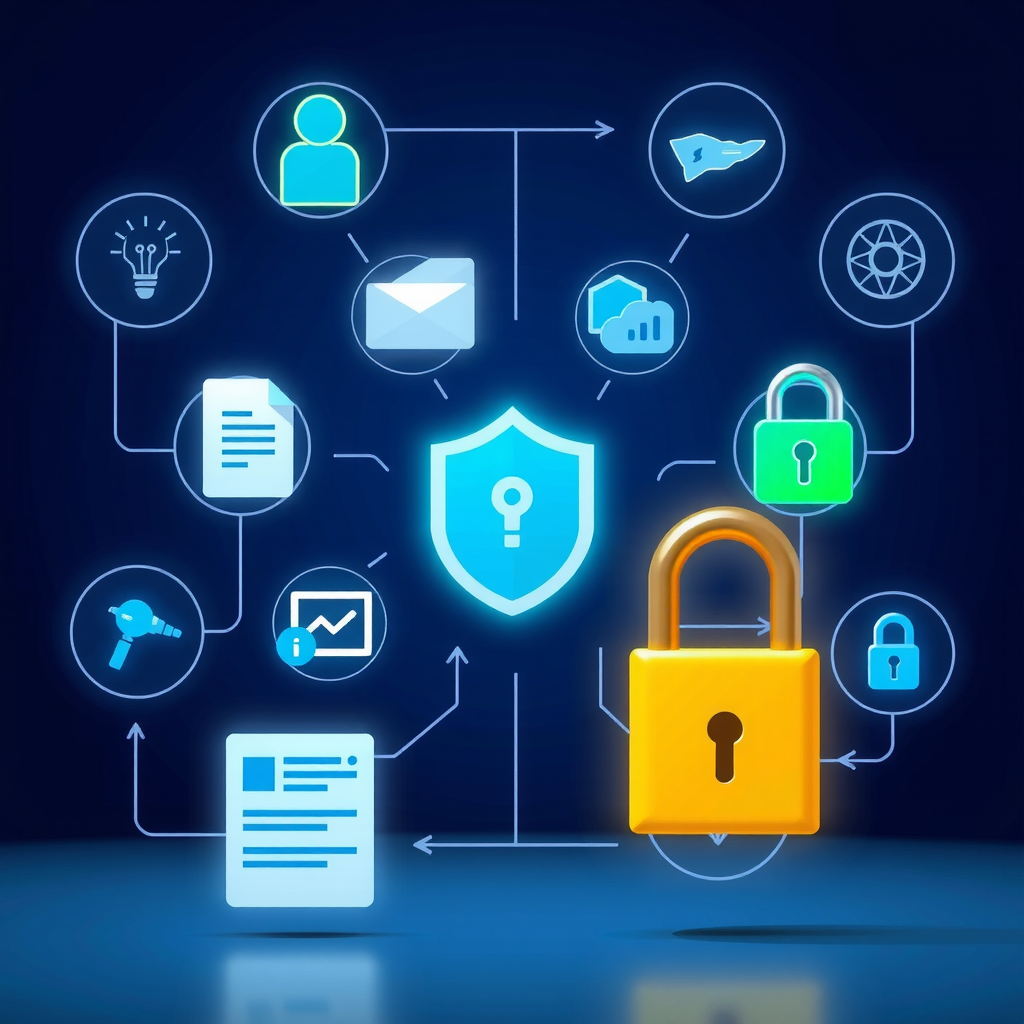 Illustration showing secure data collection process with icons representing personal information, documents, and encrypted connections in professional blue and green color scheme