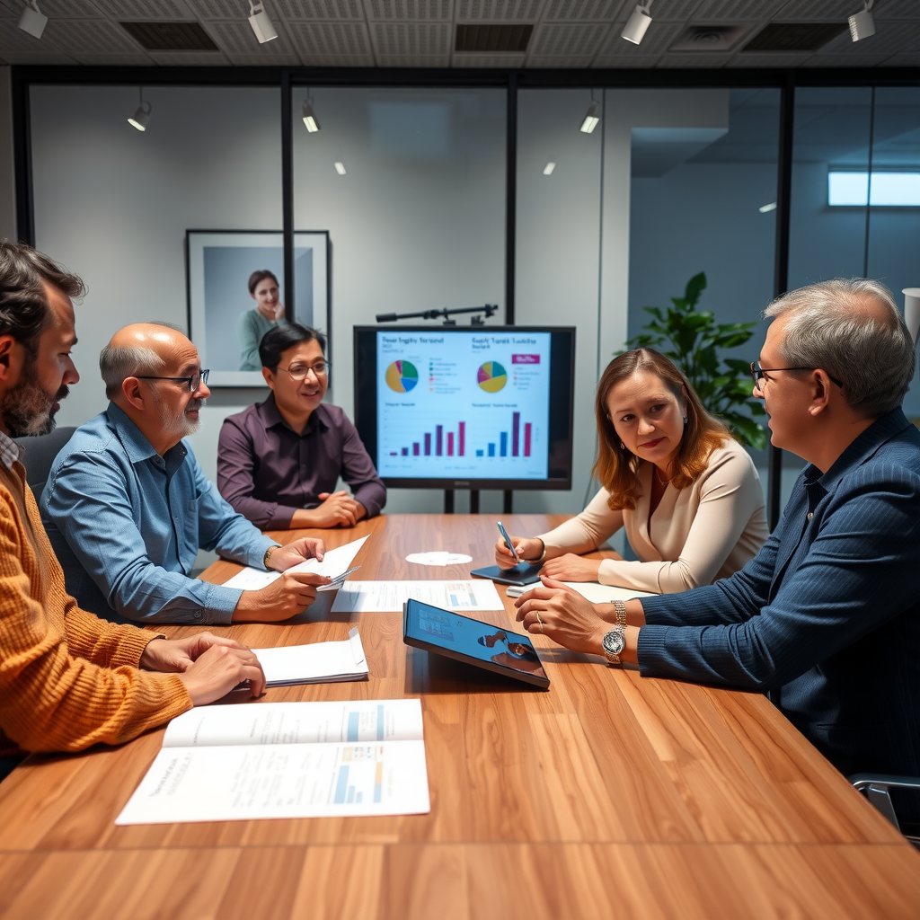 Professional philanthropic consultant reviewing strategic giving plans with diverse donors at a modern conference table, showing charts and impact metrics on digital displays