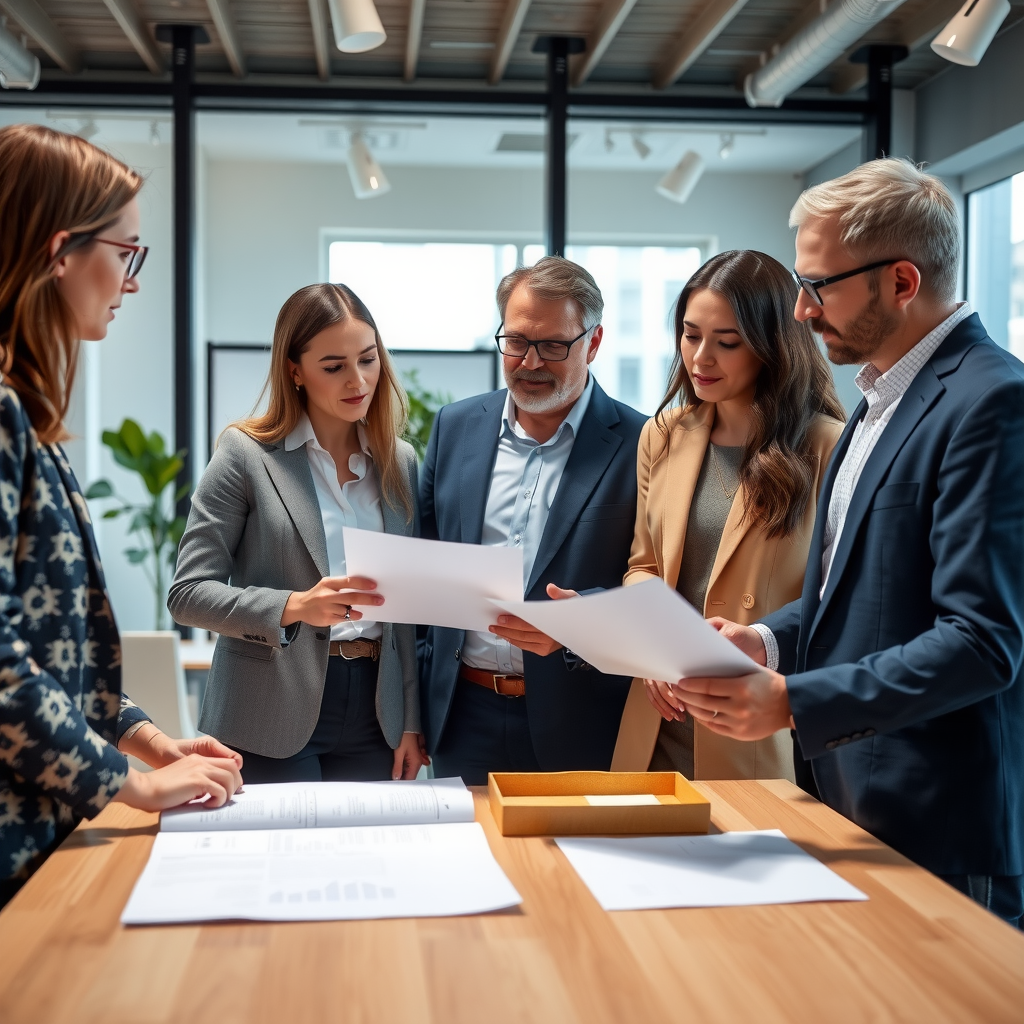 Professional foundation management team reviewing strategic documents in modern office setting with natural lighting