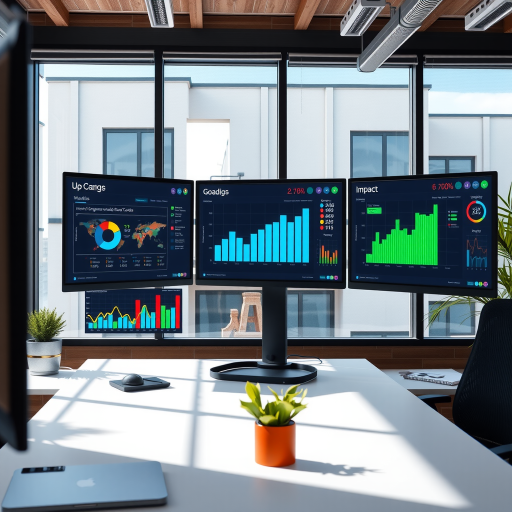 Modern data analytics dashboard showing colorful charts, graphs, and impact metrics on multiple screens in a professional office setting with natural lighting