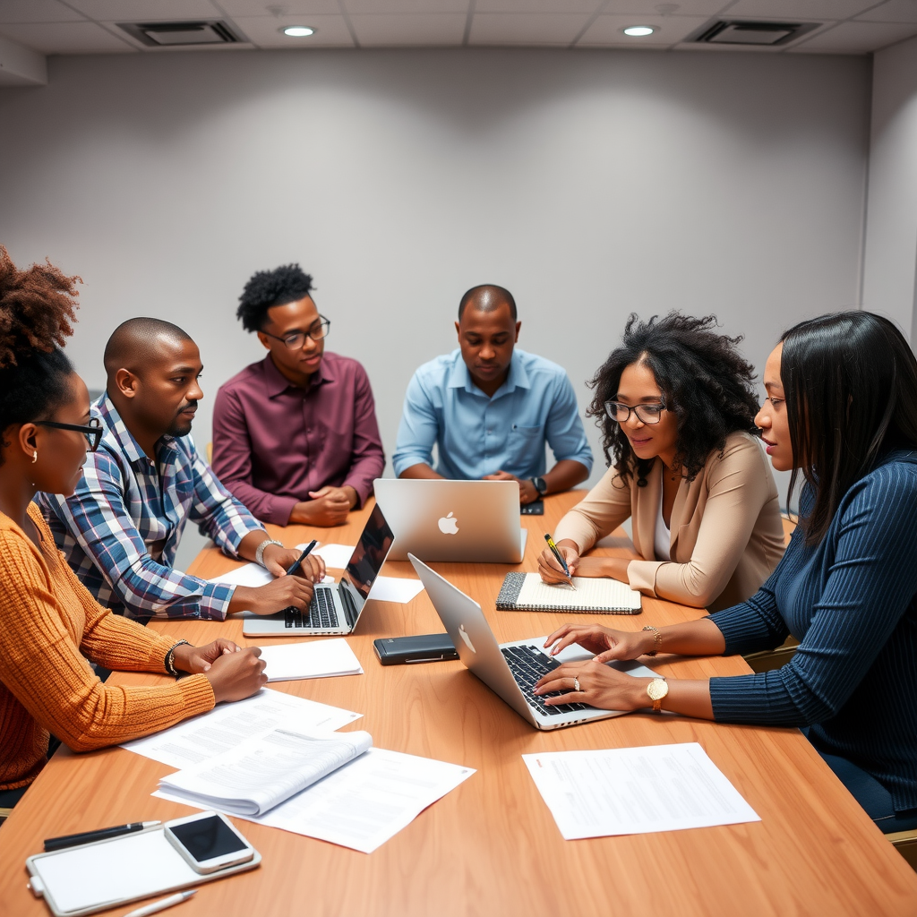 Diverse nonprofit team collaborating around a conference table with laptops and strategic planning documents, engaged in capacity building workshop
