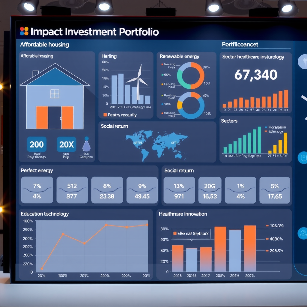 Detailed infographic showing impact investment portfolio allocation across various sectors including affordable housing, renewable energy, education technology, and healthcare innovation, with performance metrics and social return indicators displayed on modern dashboard