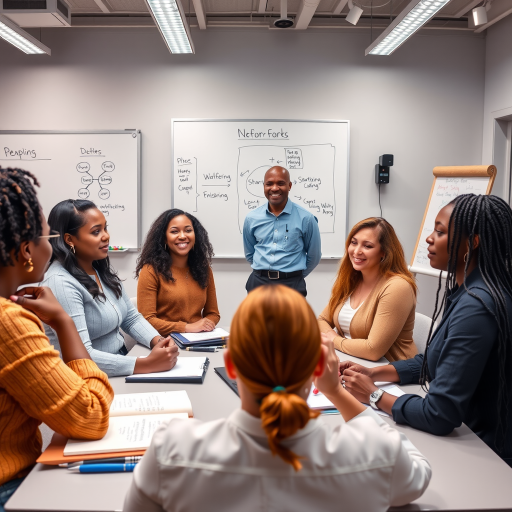 Diverse group of nonprofit professionals engaged in an interactive workshop session, collaborative learning environment with whiteboards showing strategic planning frameworks, modern classroom setting