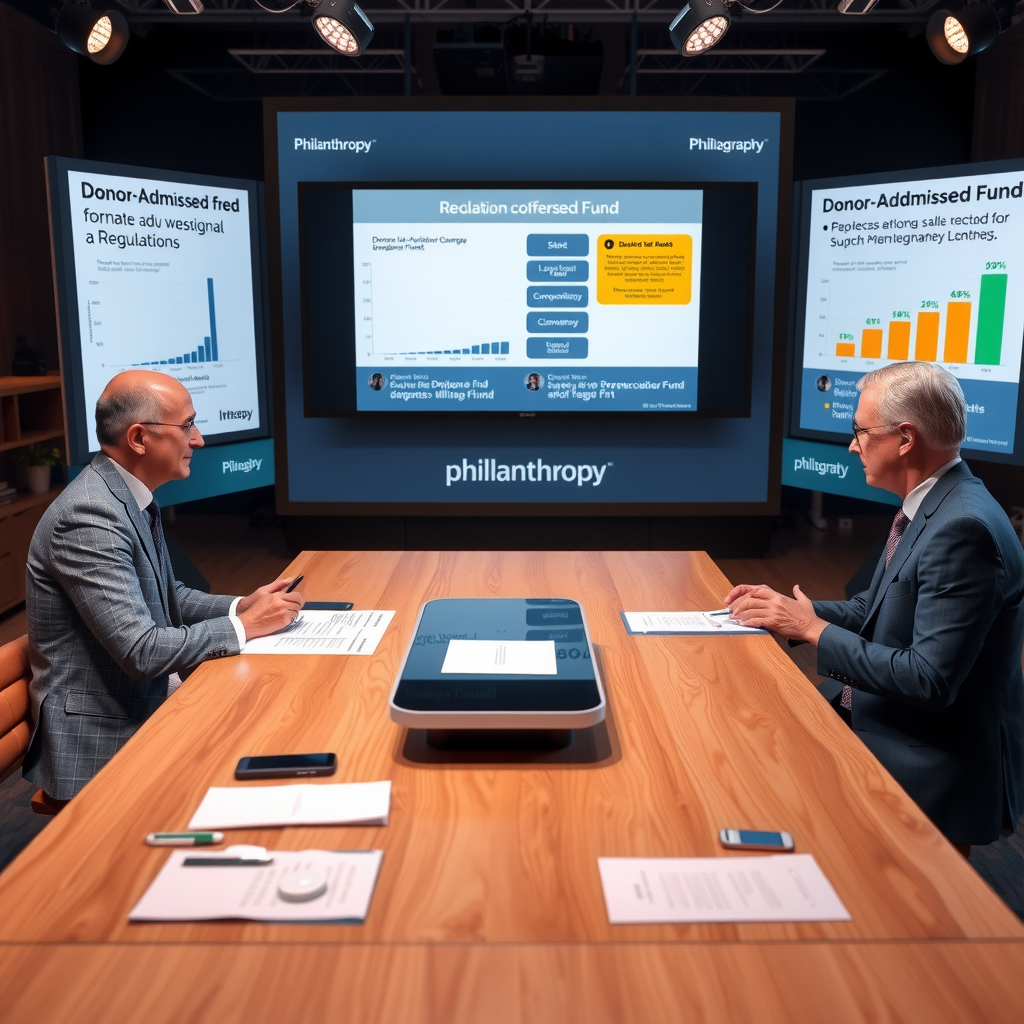 Panel of three philanthropy experts sitting at a virtual conference table discussing regulatory changes, with documents and charts about donor-advised fund regulations displayed on screens behind them