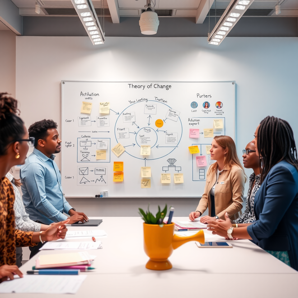 Diverse group of professionals collaborating around a large whiteboard filled with flowcharts, sticky notes, and diagrams mapping out a theory of change framework in a bright, modern conference room