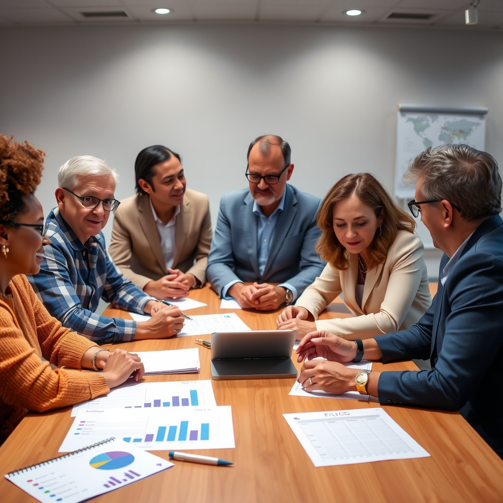 Diverse group of philanthropic advisors and donors collaborating around a conference table with financial charts and grant documents