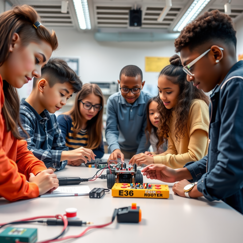 Diverse group of middle school students collaborating on a robotics project in a well-equipped STEM lab, with circuit boards and programming equipment visible