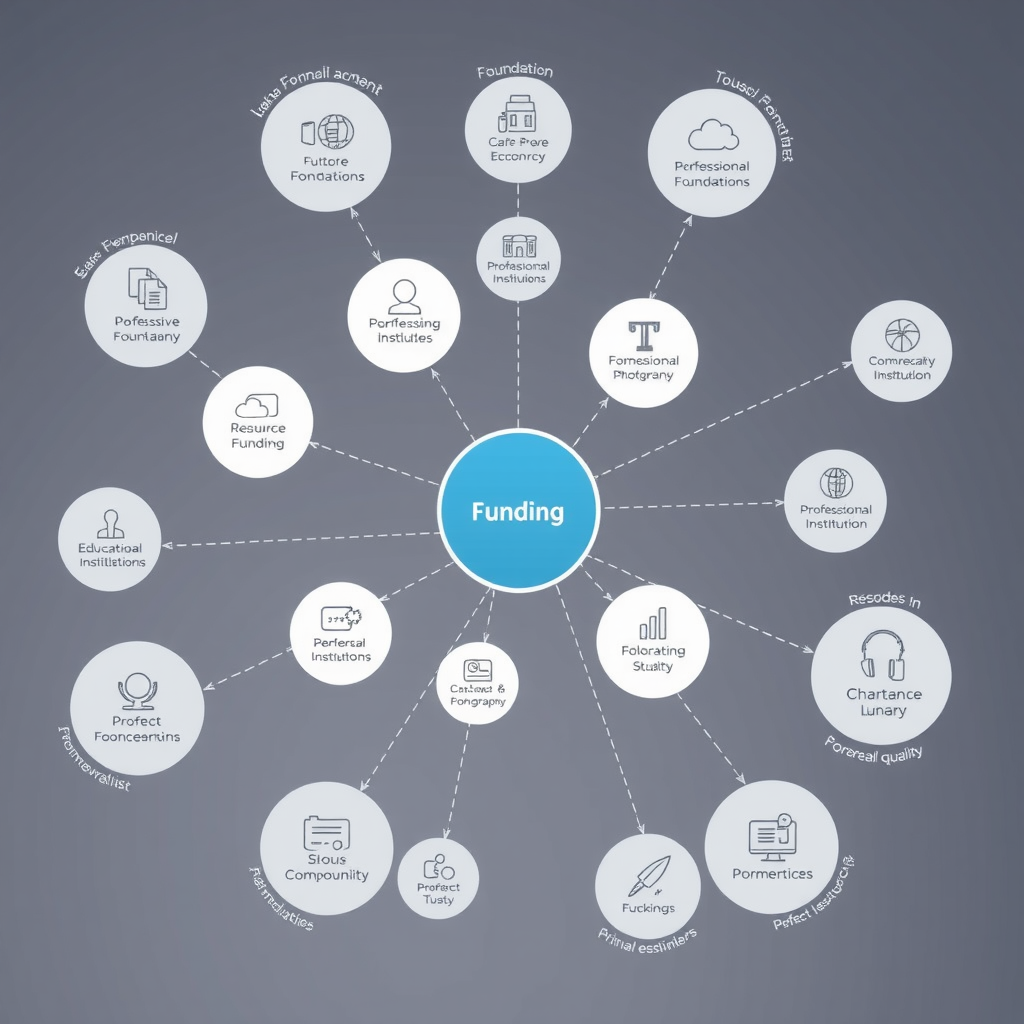 Network diagram illustrating collaborative funding relationships between multiple foundations, private donors, educational institutions, and charitable trusts, showing resource flows and partnership connections with icons representing different stakeholder types