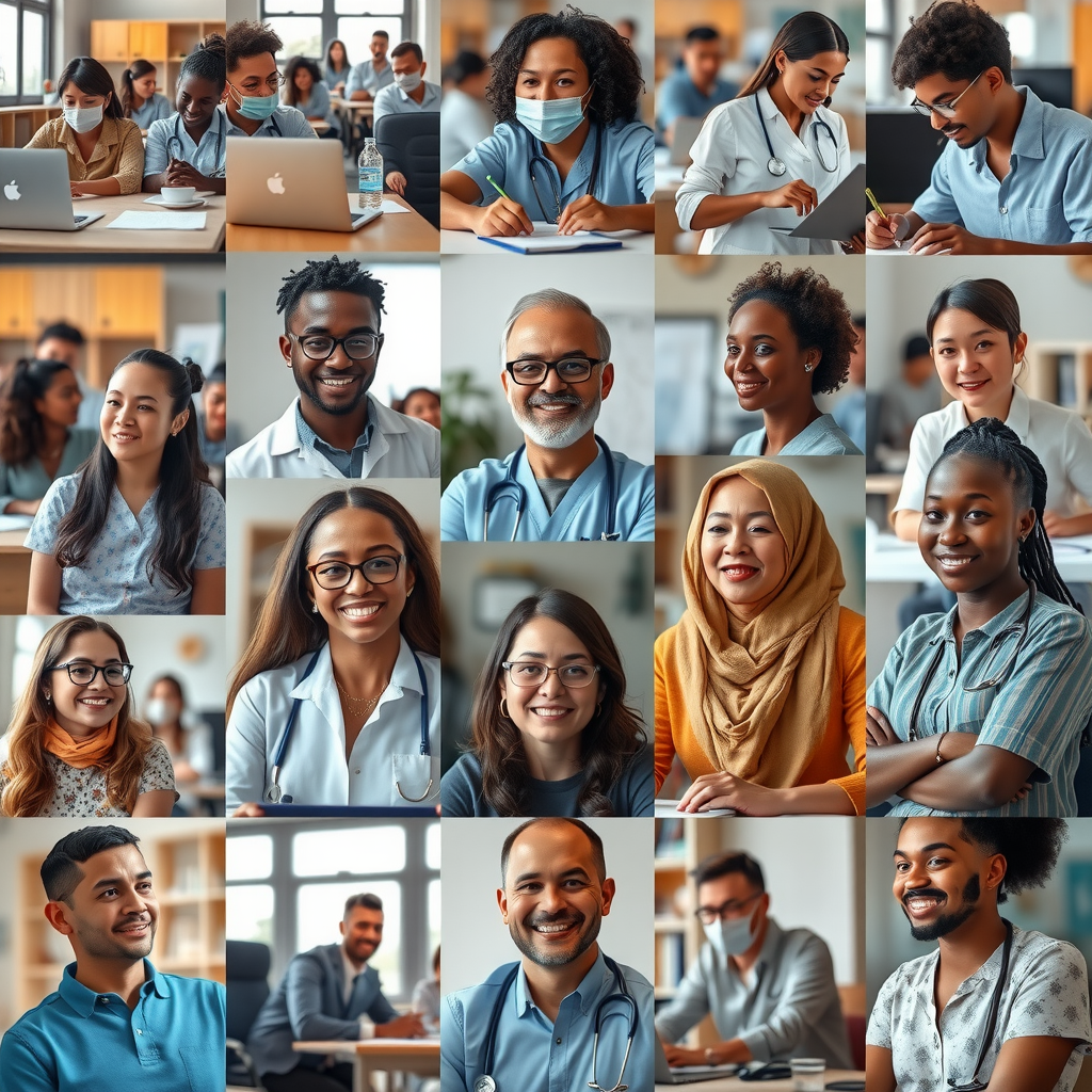 Collage of diverse beneficiaries including students in classrooms, healthcare workers with patients, job training participants, and community members at foundation-funded programs