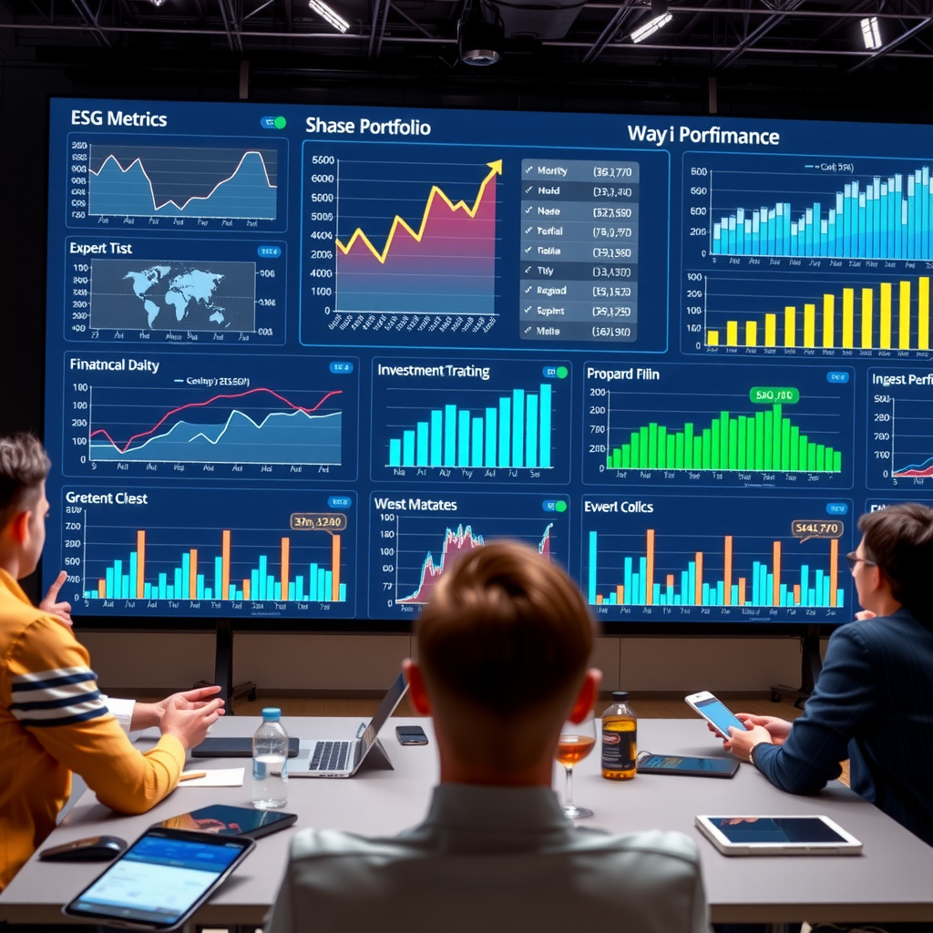 Financial charts and graphs showing investment portfolio performance with ESG metrics, displayed on large screens during virtual presentation with investment strategists presenting data