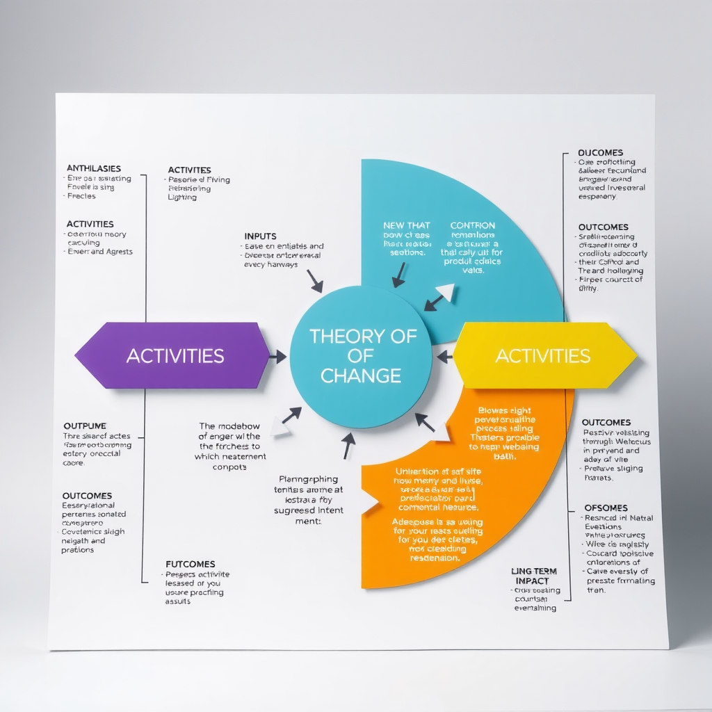 Detailed theory of change diagram showing the logical flow from inputs through activities, outputs, outcomes to long-term impact with interconnected pathways