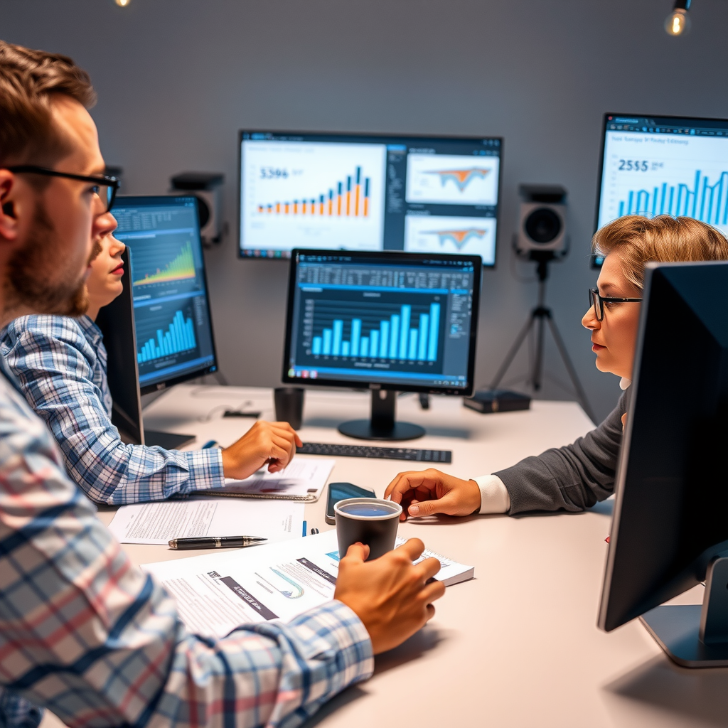 Foundation staff reviewing grant applications and impact reports with charts and data analysis on computer screens