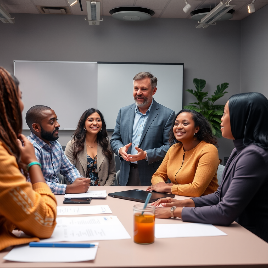 Nonprofit executive director leading interactive leadership development workshop with diverse group of emerging leaders engaged in strategic planning exercise