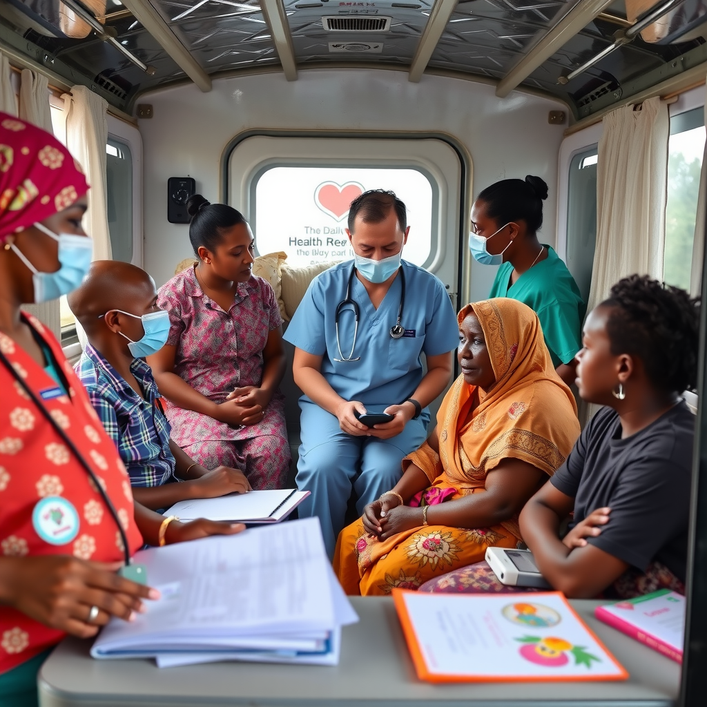 Healthcare workers providing services at a mobile health clinic in a rural community, with patients receiving care and health education materials visible