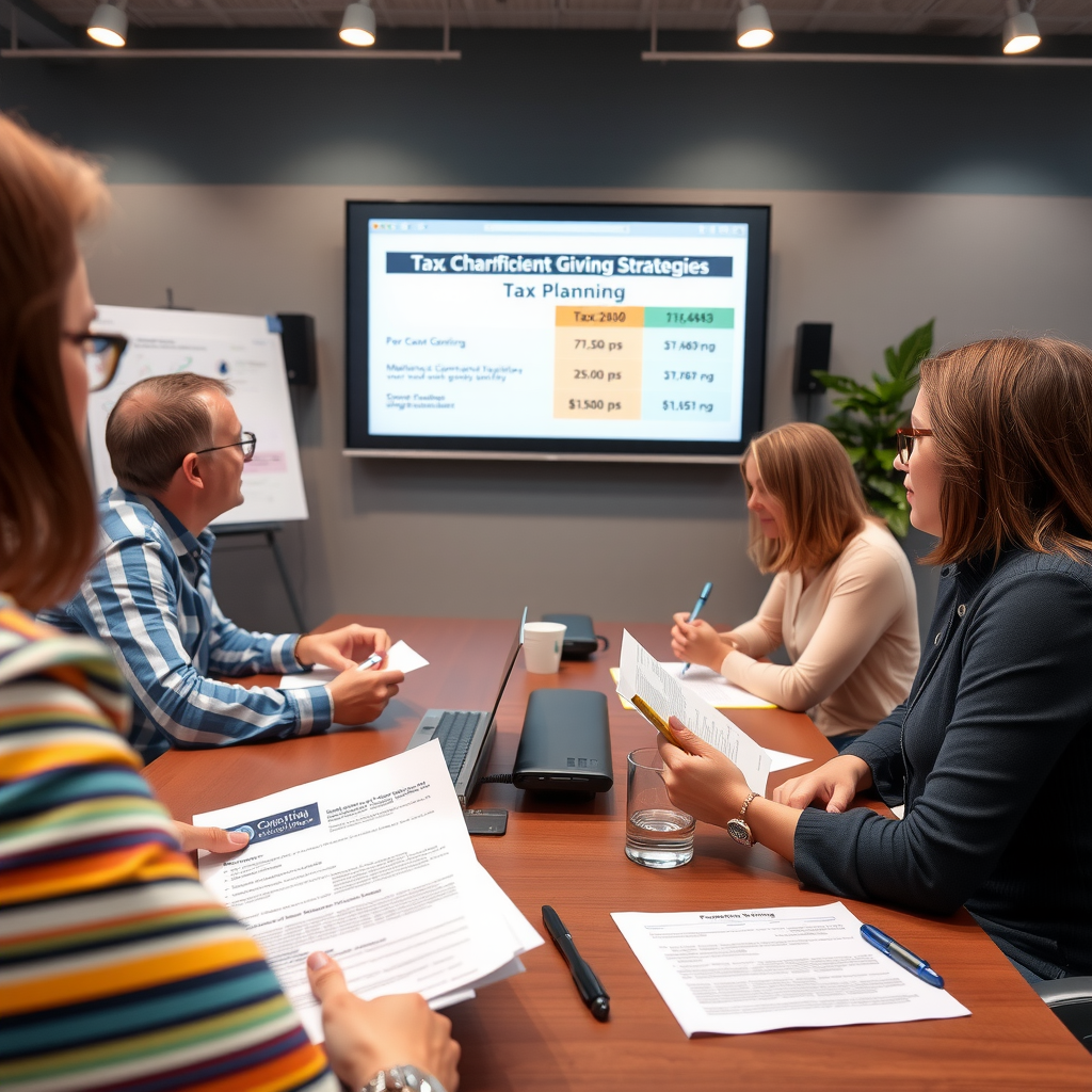 Interactive workshop session showing tax planning documents, charitable giving comparison charts, and participants taking notes during virtual tax-efficient giving strategies presentation
