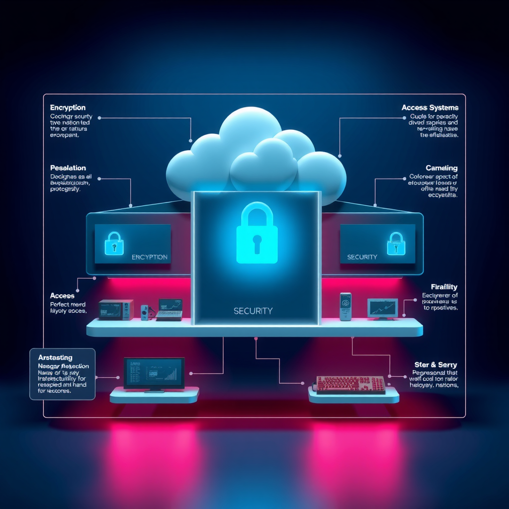Comprehensive security infrastructure diagram showing multiple layers of protection including encryption, firewalls, access controls, and monitoring systems in deep ocean blue and teal colors