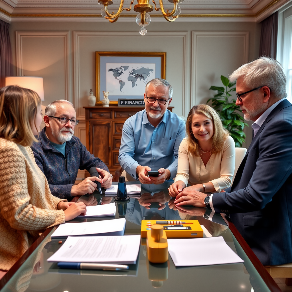 Multigenerational family meeting with financial advisor discussing donor-advised fund strategies, tax benefits, and charitable legacy planning in elegant office setting