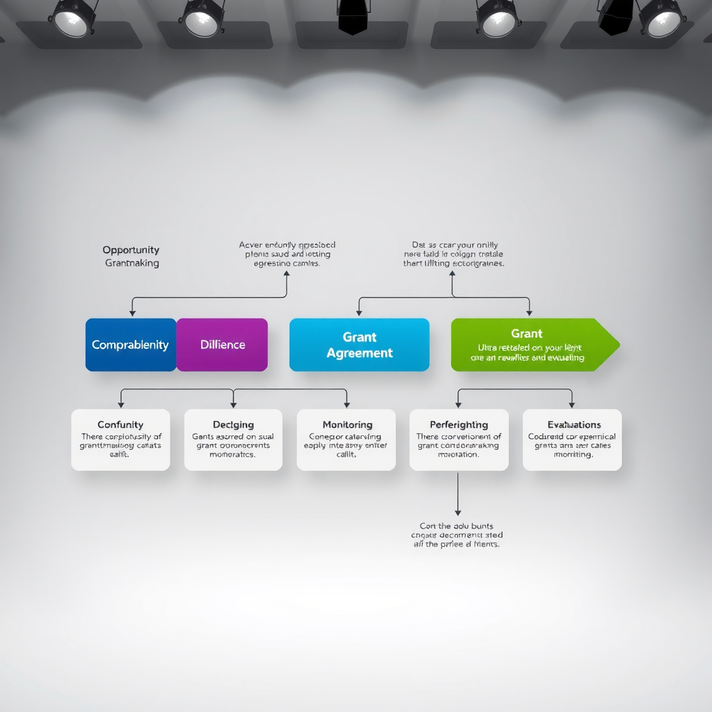 Comprehensive grantmaking workflow diagram showing stages from opportunity identification through due diligence, decision-making, grant agreement, monitoring, and evaluation
