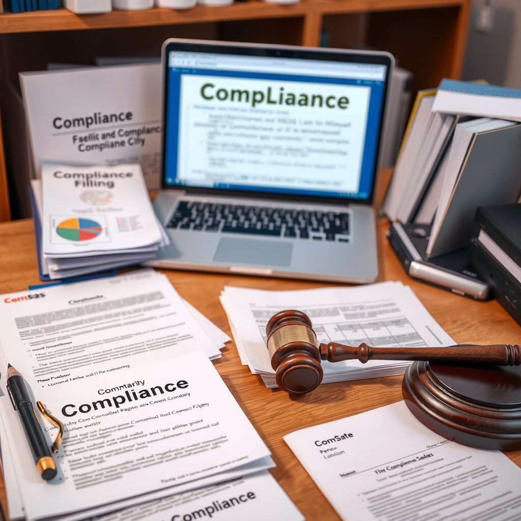 Organized compliance documents, regulatory filings, and legal paperwork arranged systematically on desk with laptop showing compliance software