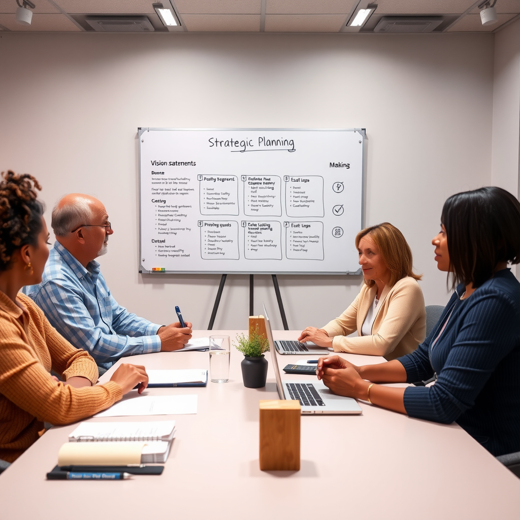 Nonprofit board members and staff collaborating on strategic planning session with vision statements and goal charts displayed on whiteboard
