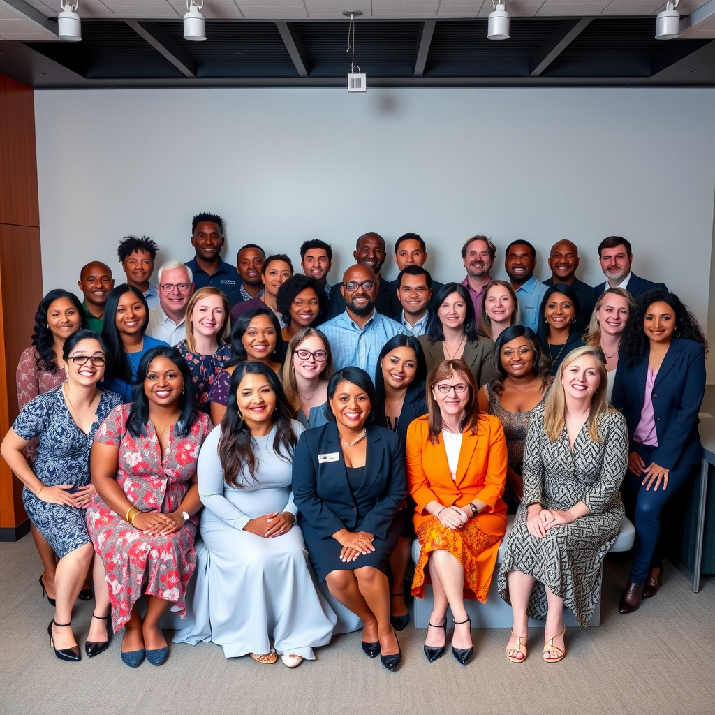 Diverse group of 30 nonprofit professionals from inaugural Leadership Academy cohort, professional group photo in modern conference setting, representing various ages, ethnicities, and backgrounds, all looking confident and engaged