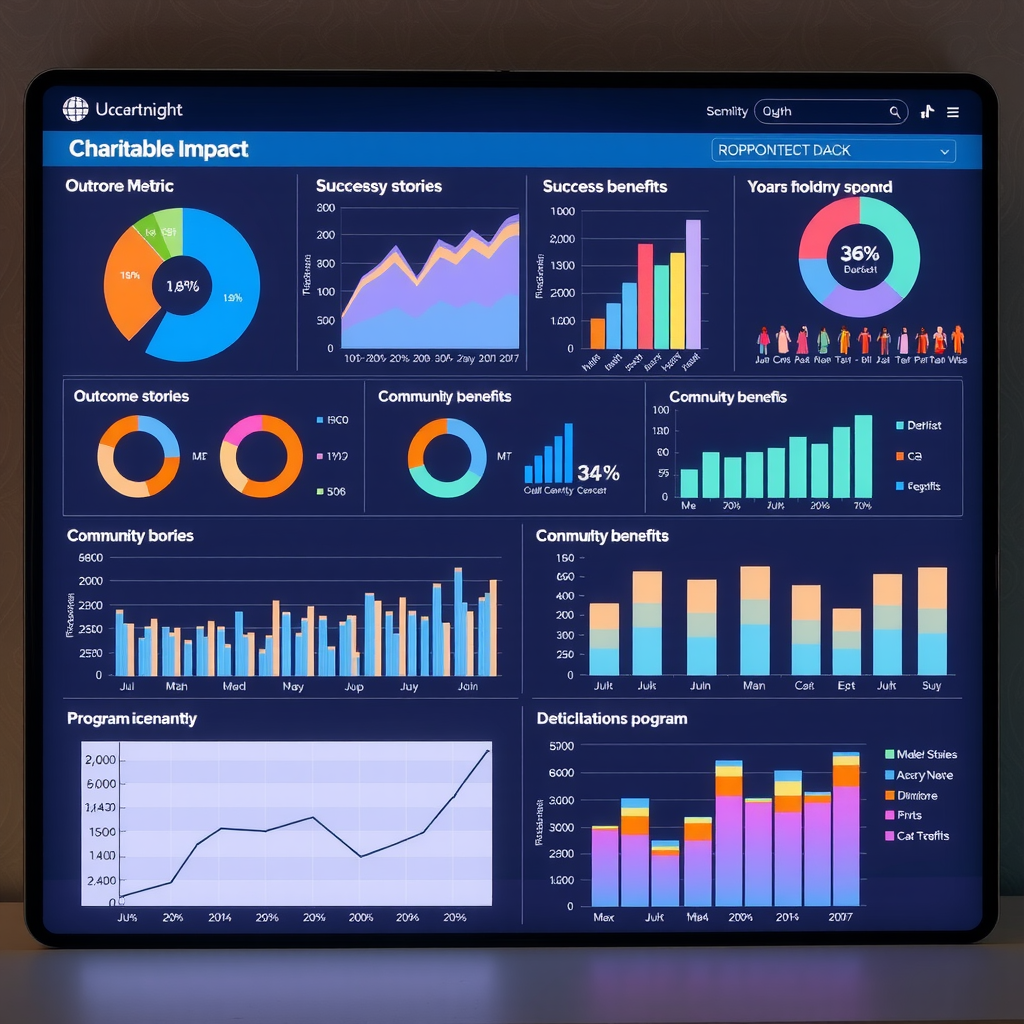 Data visualization dashboard showing charitable impact metrics, success stories, and outcome measurements with graphs depicting community benefits and program effectiveness