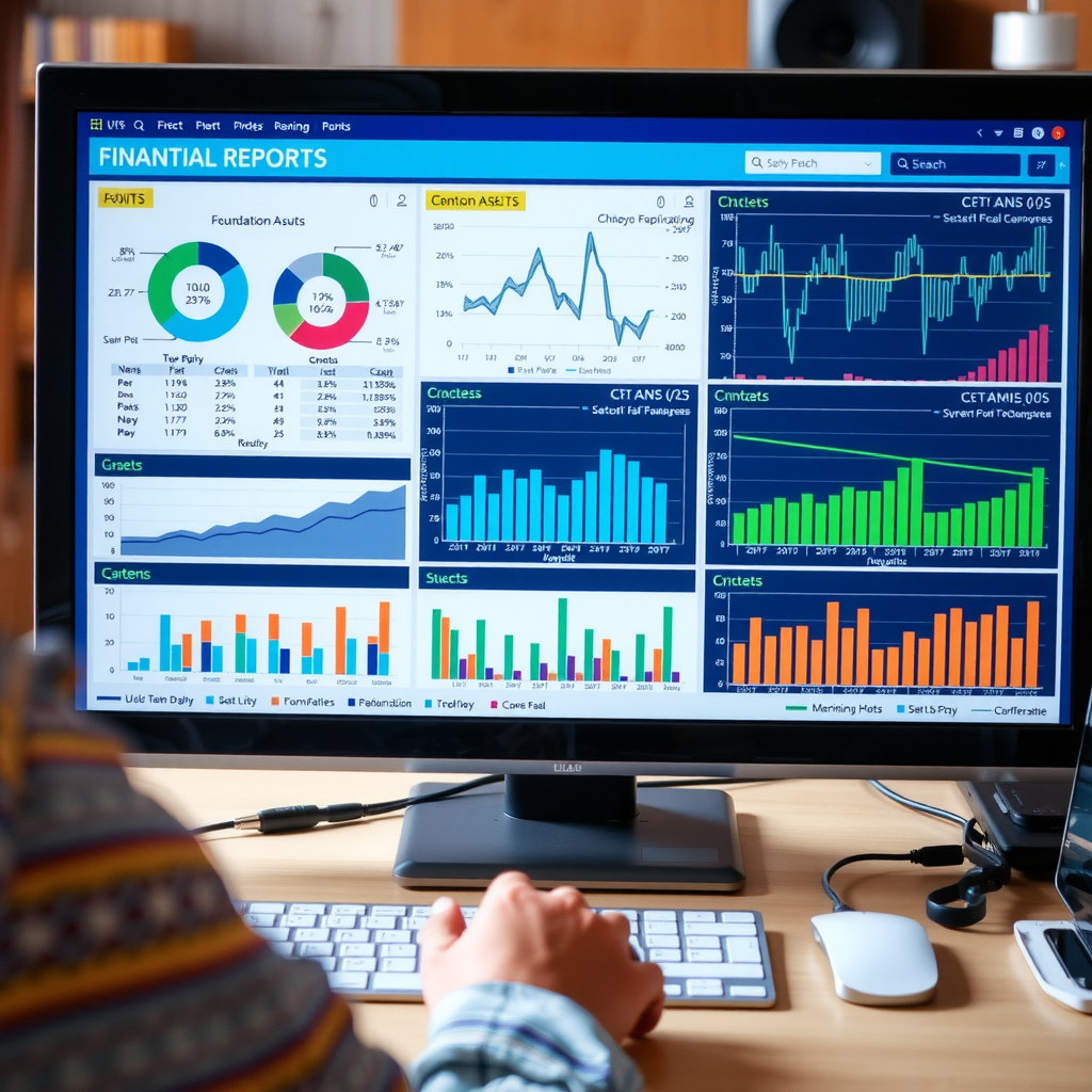 Detailed financial reports, charts, and graphs displayed on computer screen showing foundation assets, grants, and investment performance