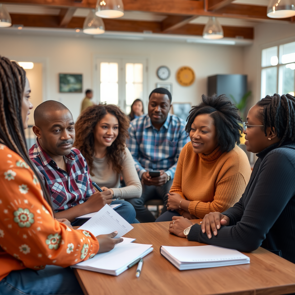 Diverse community members participating in a focus group discussion, sharing their experiences and perspectives with evaluation team members taking notes, in a welcoming community center setting with natural light