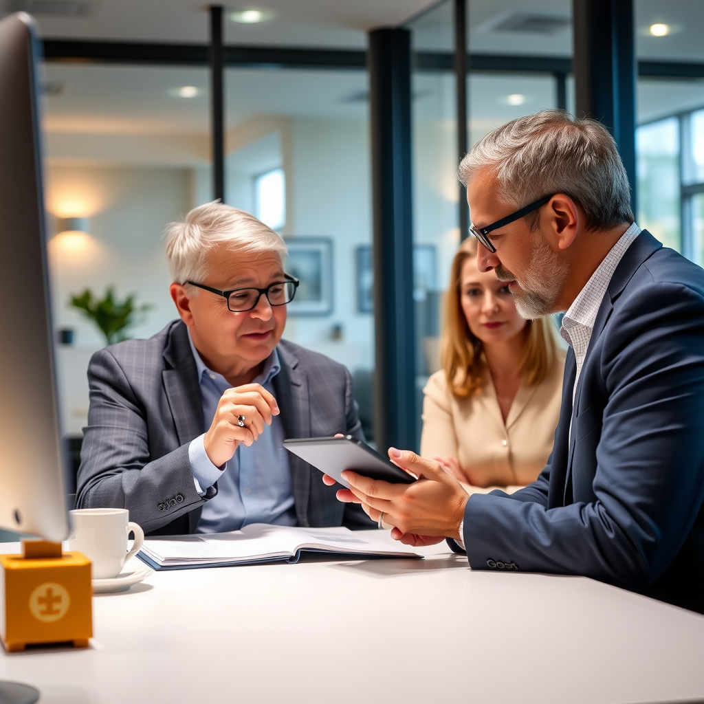 Professional philanthropic advisor in modern office meeting with client, both looking at investment portfolio displayed on tablet device