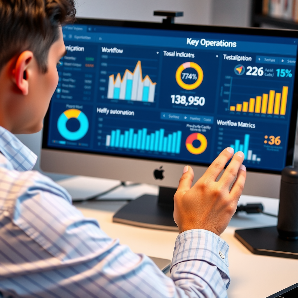 Nonprofit operations manager reviewing digital dashboard showing key performance indicators, workflow automation, and efficiency metrics on computer screen