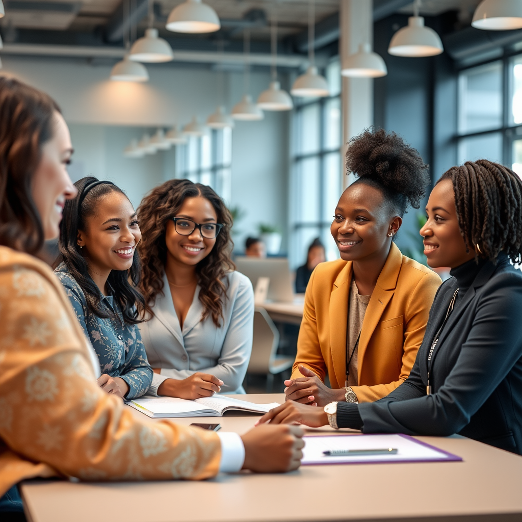 Young diverse nonprofit professionals in an executive training session, engaged in collaborative learning with mentor, modern educational facility with natural lighting, inspirational and professional atmosphere