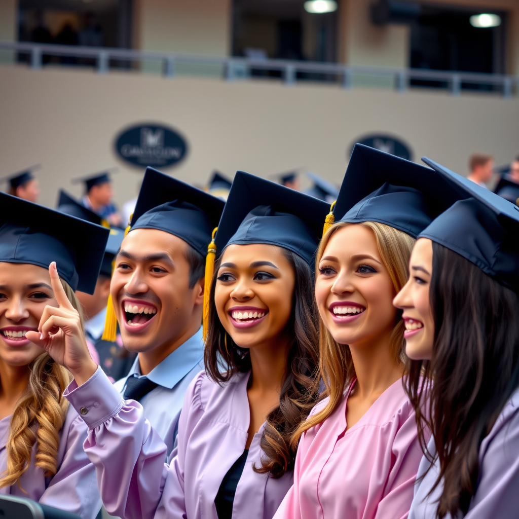 Joyful high school graduation ceremony with diverse students in caps and gowns celebrating their achievement, representing the culmination of educational support and college readiness programs