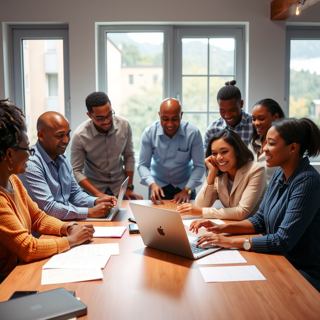 Inspiring image of diverse group of philanthropic leaders and community members collaborating around a table with laptops and documents, symbolizing the future of strategic giving with natural light streaming through windows, representing hope and partnership in charitable work