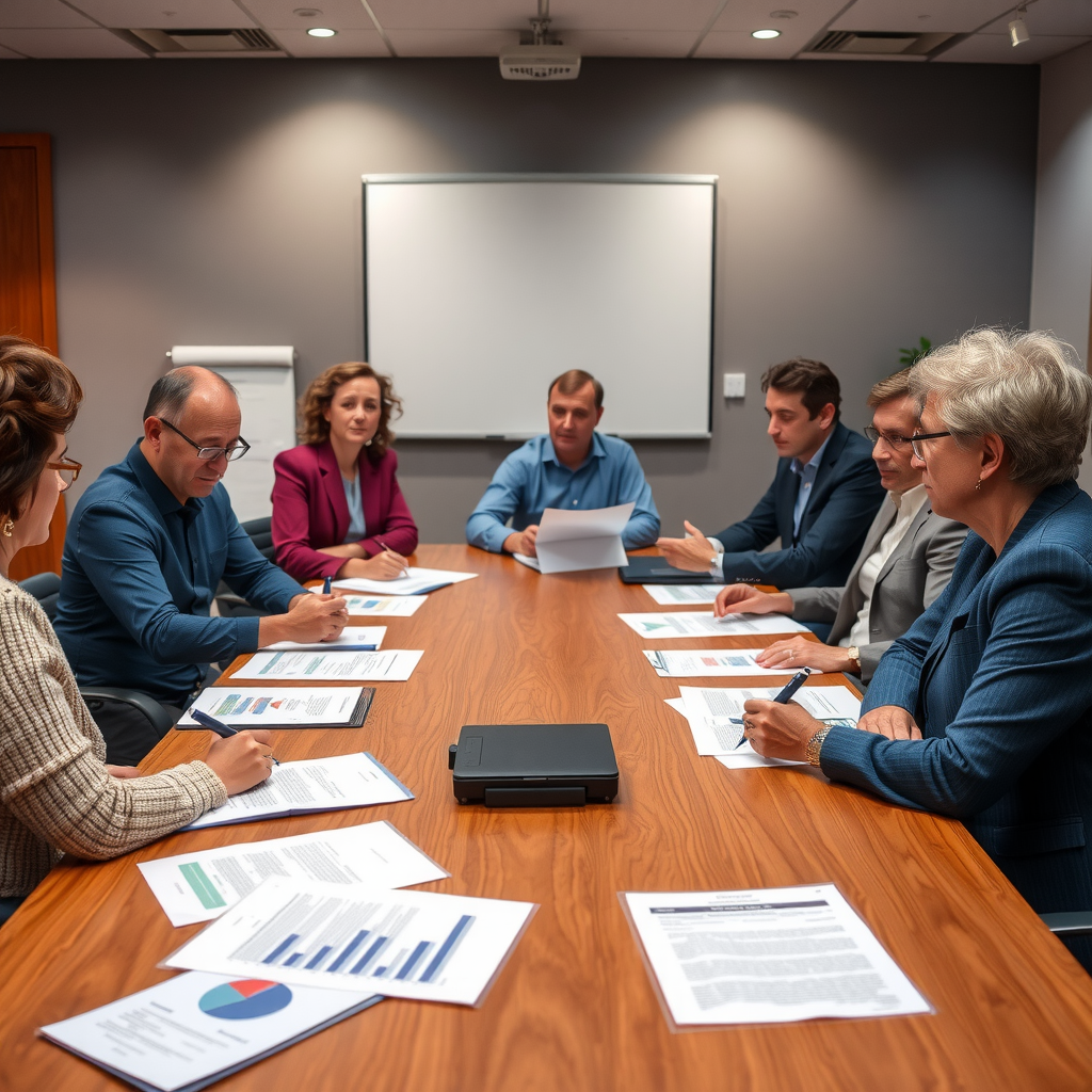 Foundation board members engaged in governance discussion around a boardroom table with strategic documents and financial reports
