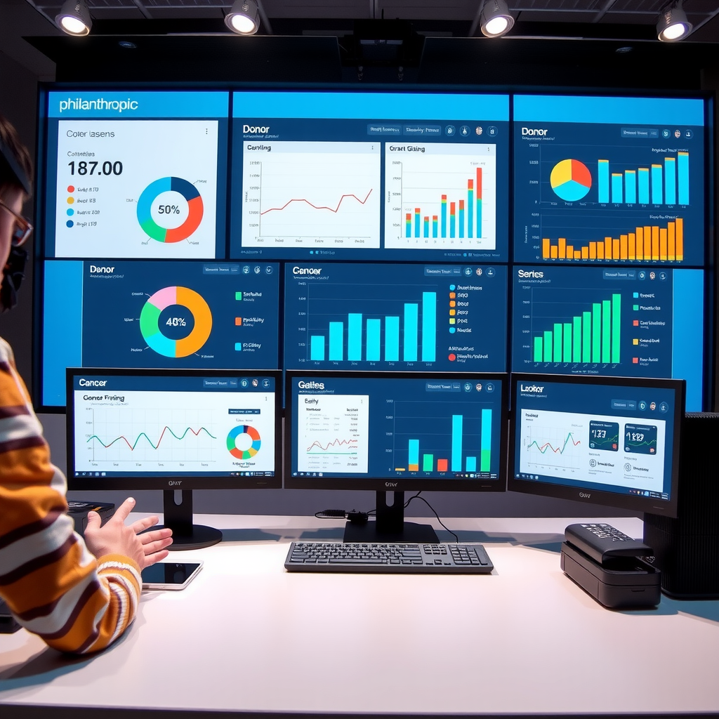 Modern technology interface showing philanthropic software dashboard with donor analytics, grant tracking systems, and digital giving platforms displayed on multiple screens