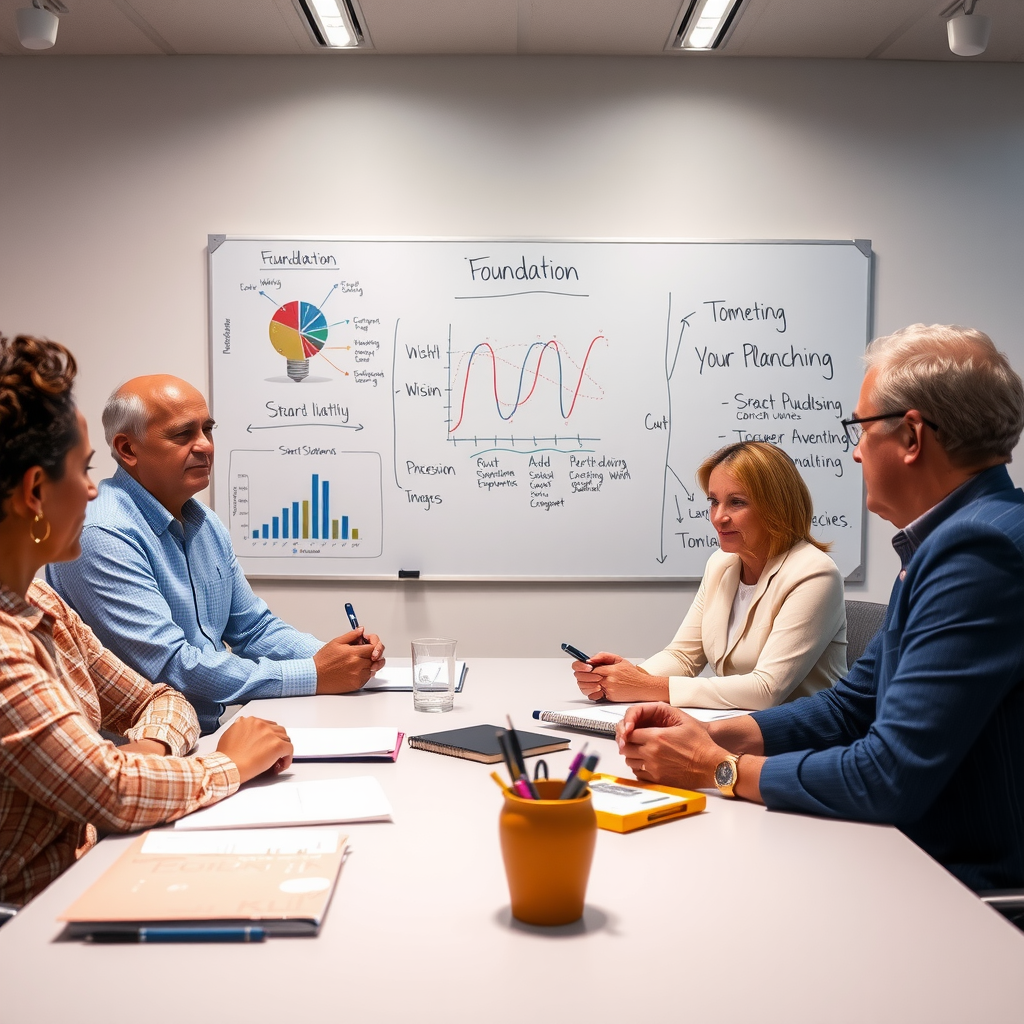 Foundation board members collaborating on strategic planning with charts, timelines, and vision statements on whiteboard