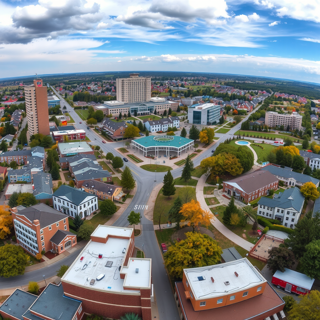Panoramic aerial view of thriving community showing schools, parks, healthcare facilities, and nonprofit organizations benefiting from philanthropic support