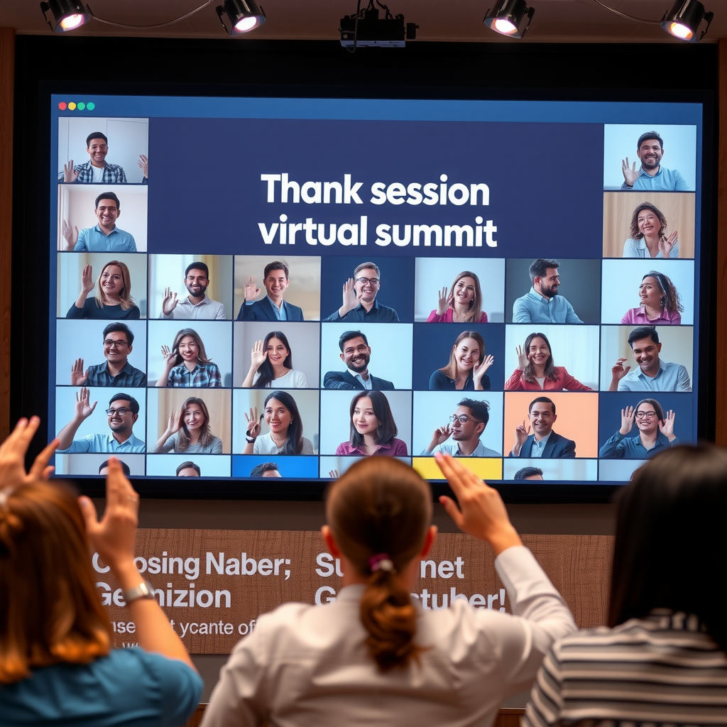 Closing session of virtual summit showing thank you message on screen with participant thumbnails arranged in grid, displaying diverse group of engaged attendees waving goodbye