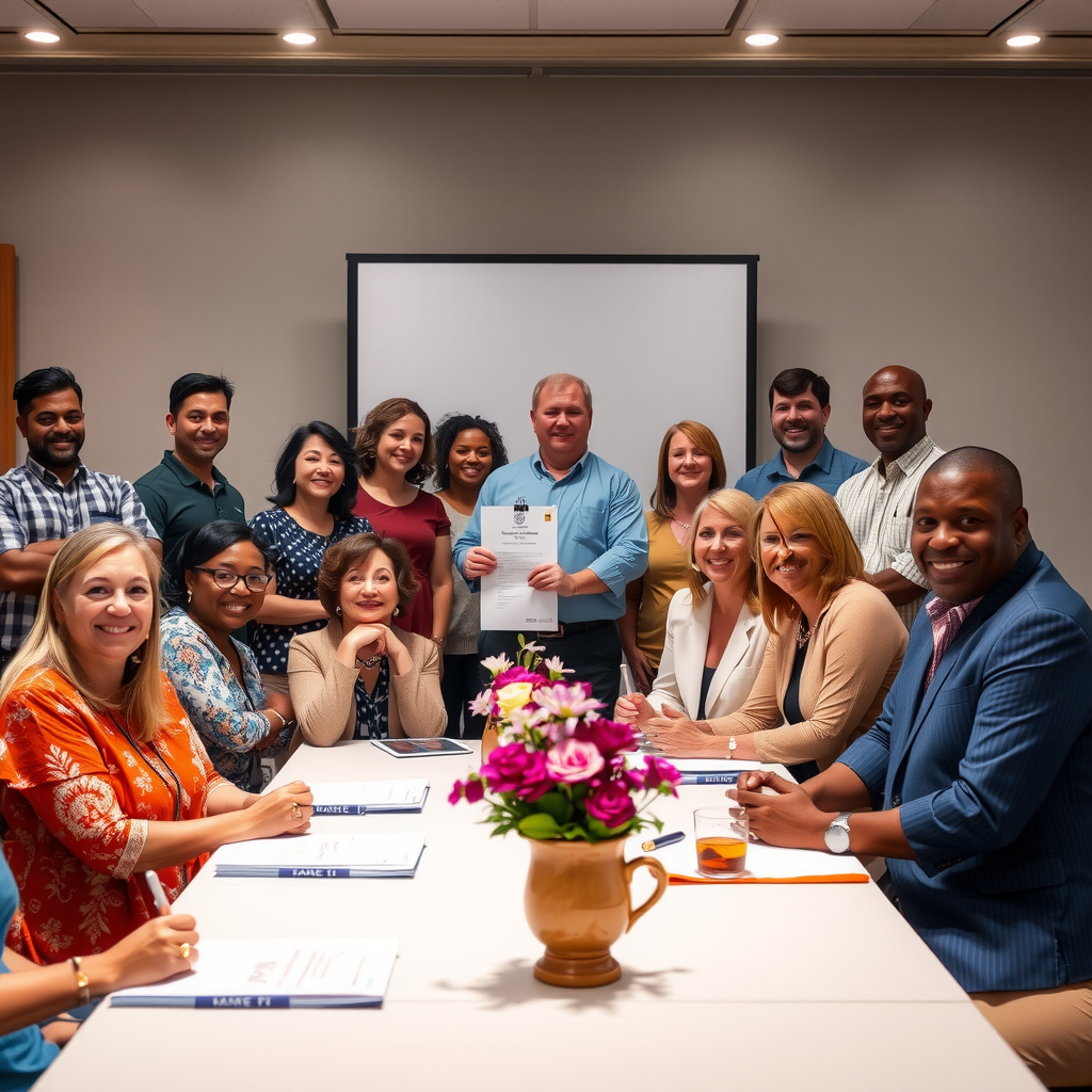 Nonprofit staff and board members celebrating organizational achievements and capacity building milestones at annual meeting with community partners